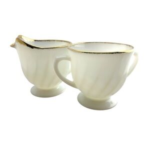 Fire King GOLDEN SHELL Milk Glass Creamer and Sugar Bowl - Gold Rim